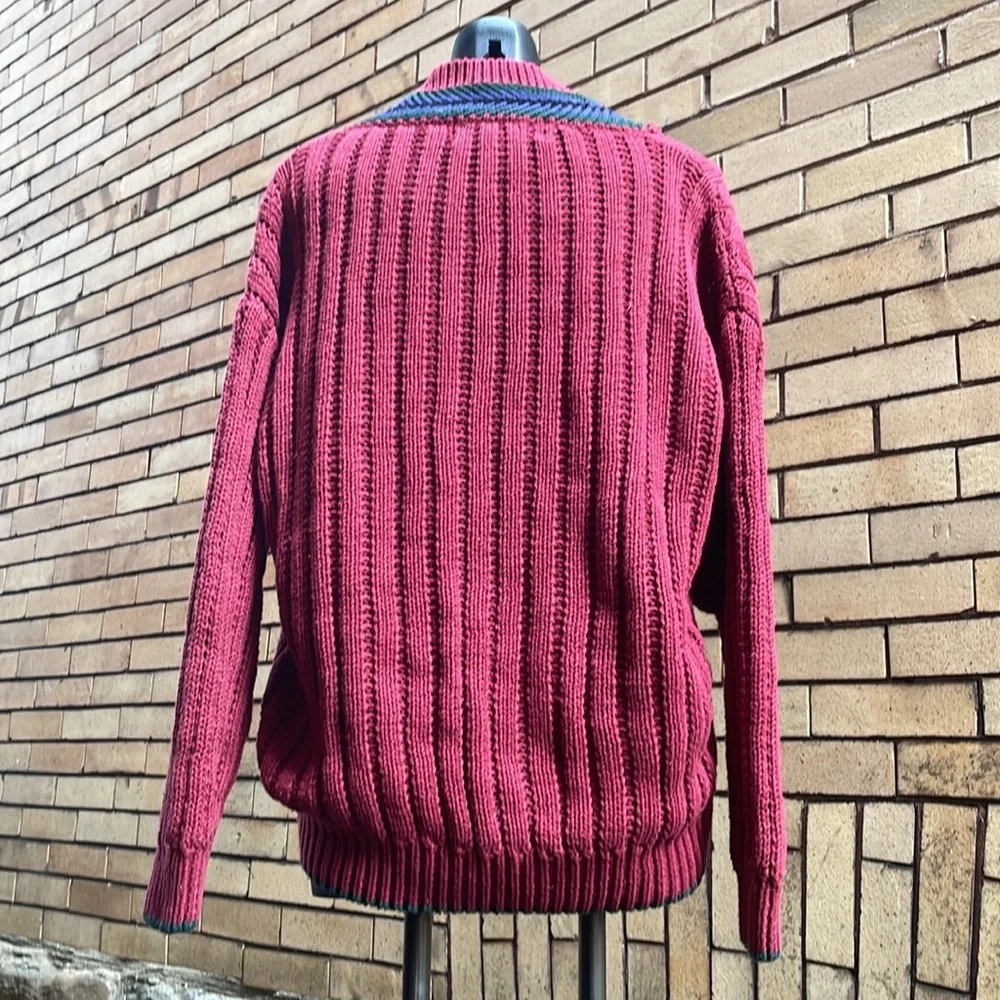 Vintage Bugle Boy v neck burgundy chunky cable knit sweater Size Extra Large
